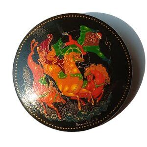 RARE Vintage Russian Fairy Tale Hand Painted Lacquered Pin Brooch, Troika